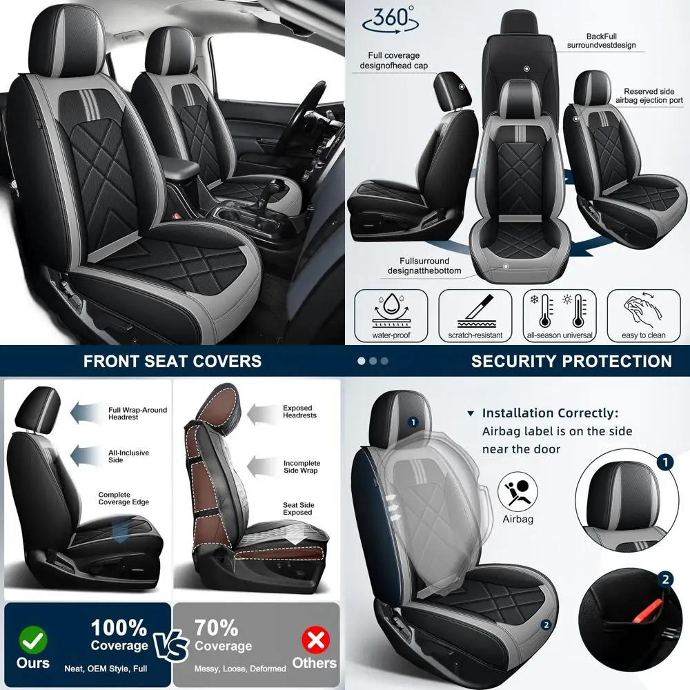 

Custom Fit Breathable Leather Seat Covers for 2015-2022 Crew Cab Trucks, Full Set in Black & Grey