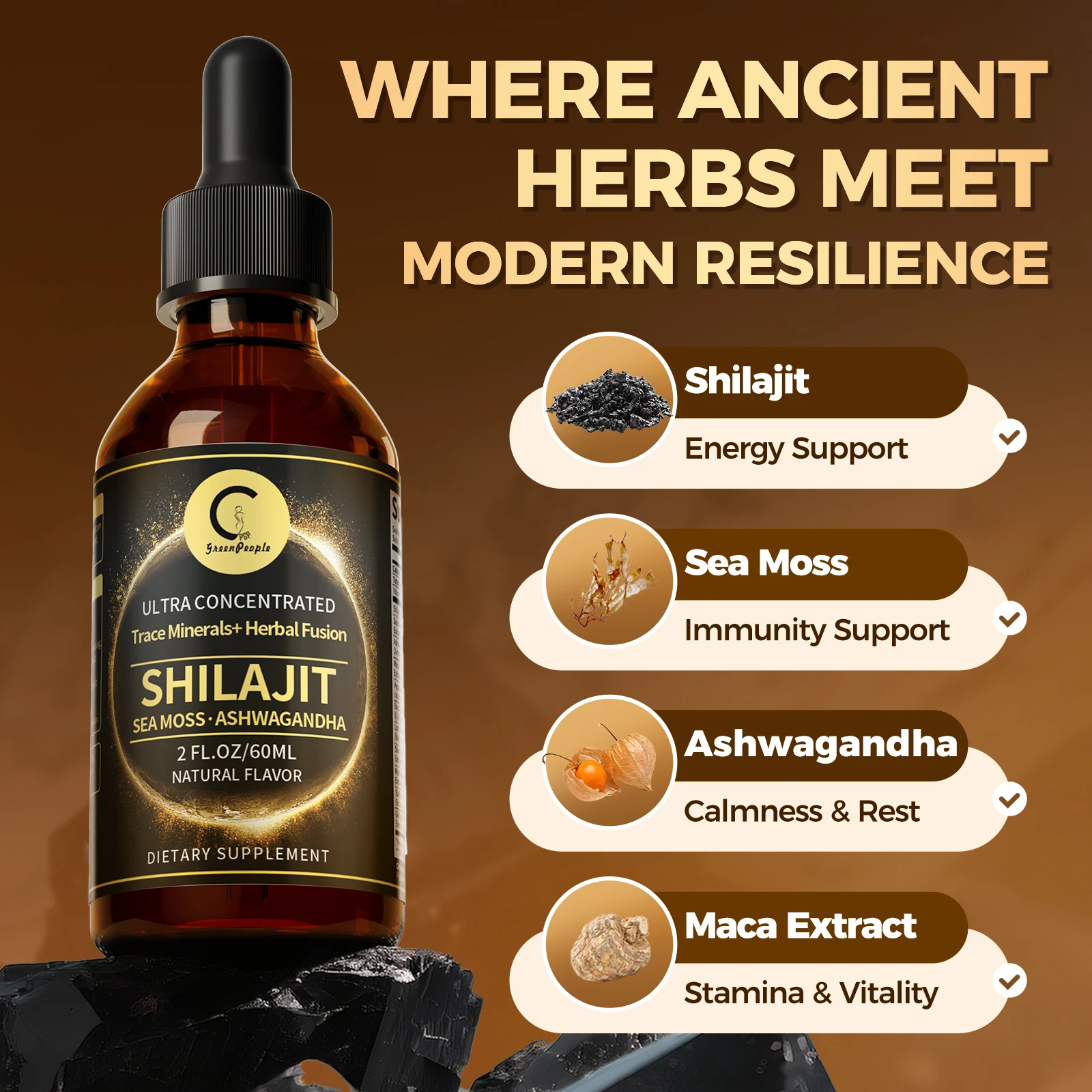 قطرات سائل شيلجيت مع طحلب البحر، أشواغاندا، ماكا، مورينغا فيتامينات سائلة للنساء والرجال - تتبع المعادن + العشبية