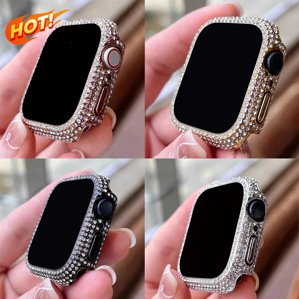Uhrengehäuse aus gehärtetem Glas mit Strass-Dekor und Displayschutzfolie für Apple Watch 38/40/41/42/44/45/46 mm, Serie SE/11/10/9/8/7/6/5/4/