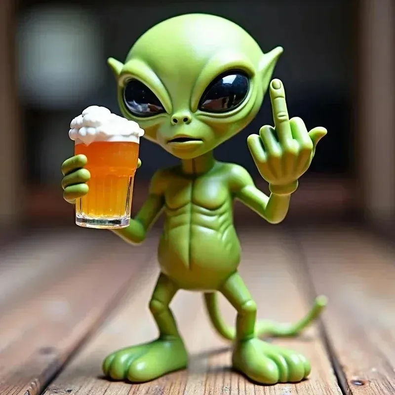 2026-1PC Resin Alien Beer Drinking Sculpture Funny Vivid Expression Waterproof Garden Decor Middle Finger Pose