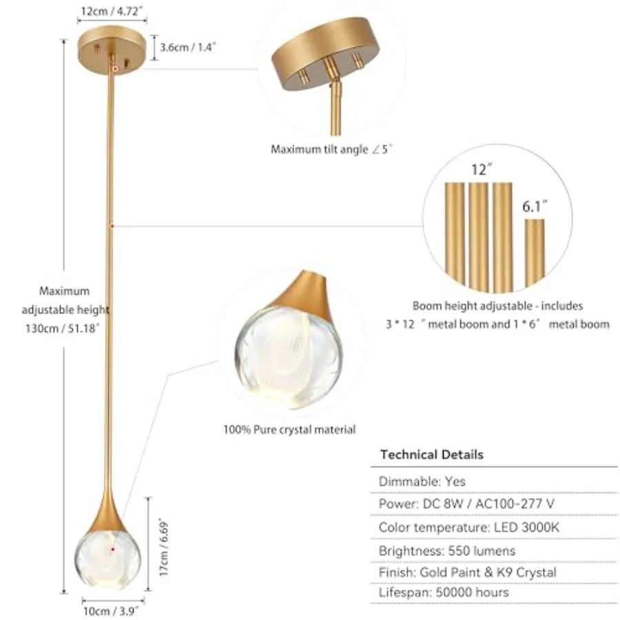 1-Light Teardrop Crystal Pendant Light Brass Gold Globe Ceiling Hanging Light Fxitures LED Raindrop Light Fixtures Metal Rod Ce