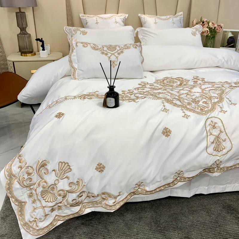 White Satin Cotton Bedding Sets Luxury Golden Embroidery Duvet Cover Fitted Bed Sheet Pillowcases Solid Color Home Textile