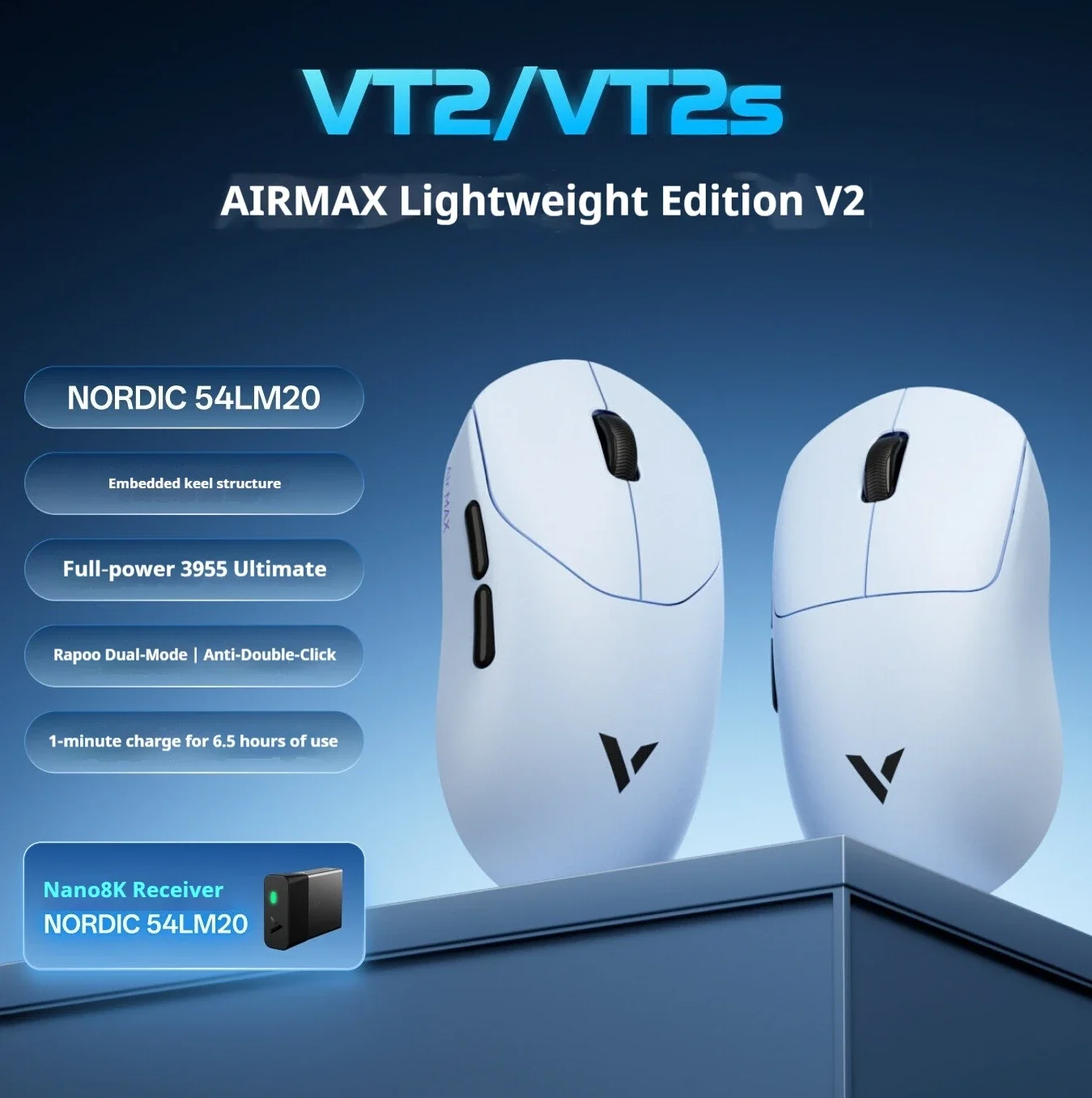 Rapoo VT2s VT2 Air MAX V2 Mouse PAW3955 Wireless Dual 54LM20 Main Control Chips Lightweight Dual 8k Low Latency Gaming Mouse