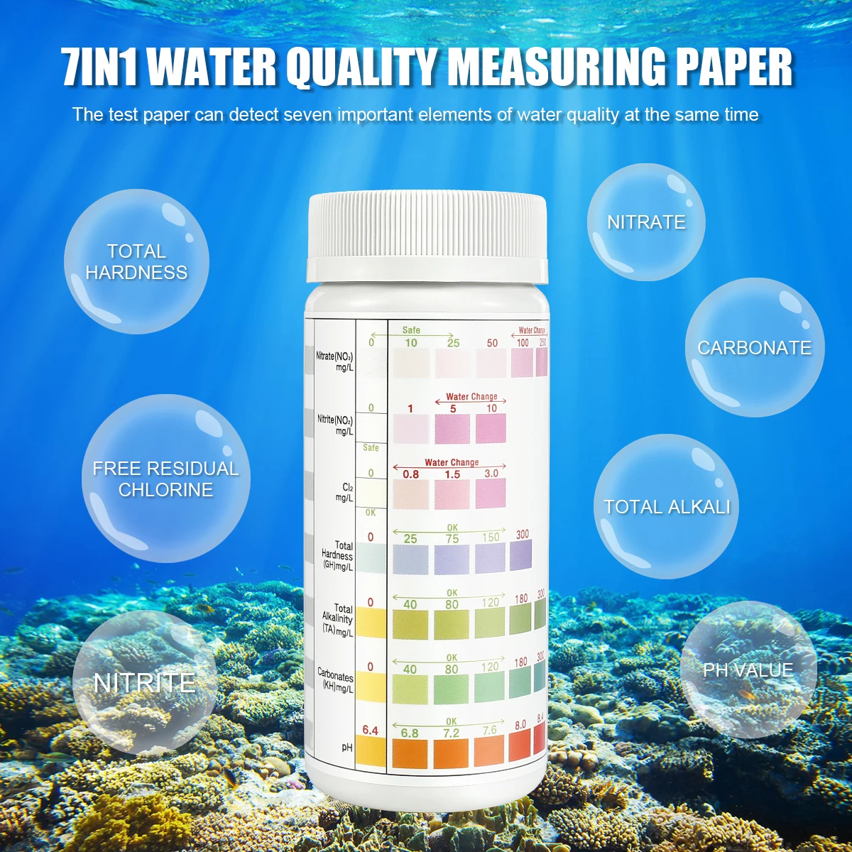 100pcs 7-IN-1 Aquarium Test Strips Fish Tank Test Kit Freshwater Saltwater Aquarium Water Test to Detect PH NO3 NO2 GH KH CI TCL