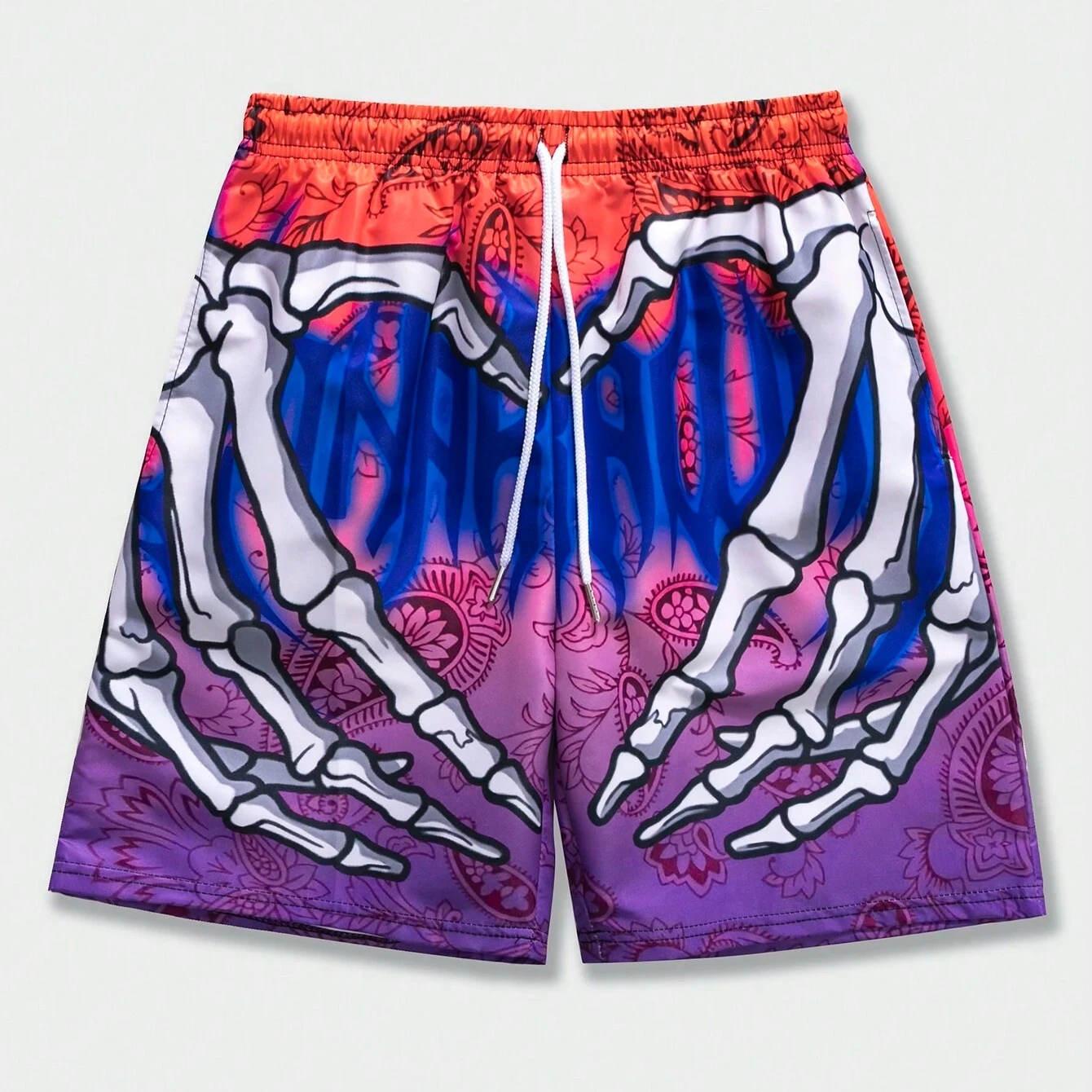 2024 Summer Trend Hip Hop Shorts Stylish Skull Hand Graphic Print Drawstring Shorts Oversized Casual Loose Men's Beach Shorts