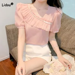 Summer Fashionable Sweet Solid Female Skew Collar Shirt Korean Casual Ruffles Patchwork Puff Sleeve Blouse Women's Clothing