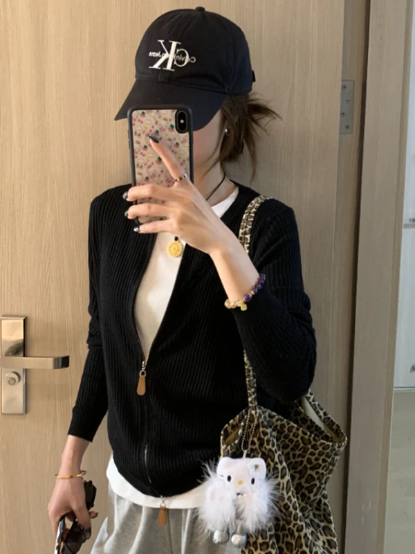 

Женский вязаный кардиган Bla с двойной молнией, осенне-зимний, в корейском стиле, уютный, свободный крой, топ-жакет, Aosphere Sensation