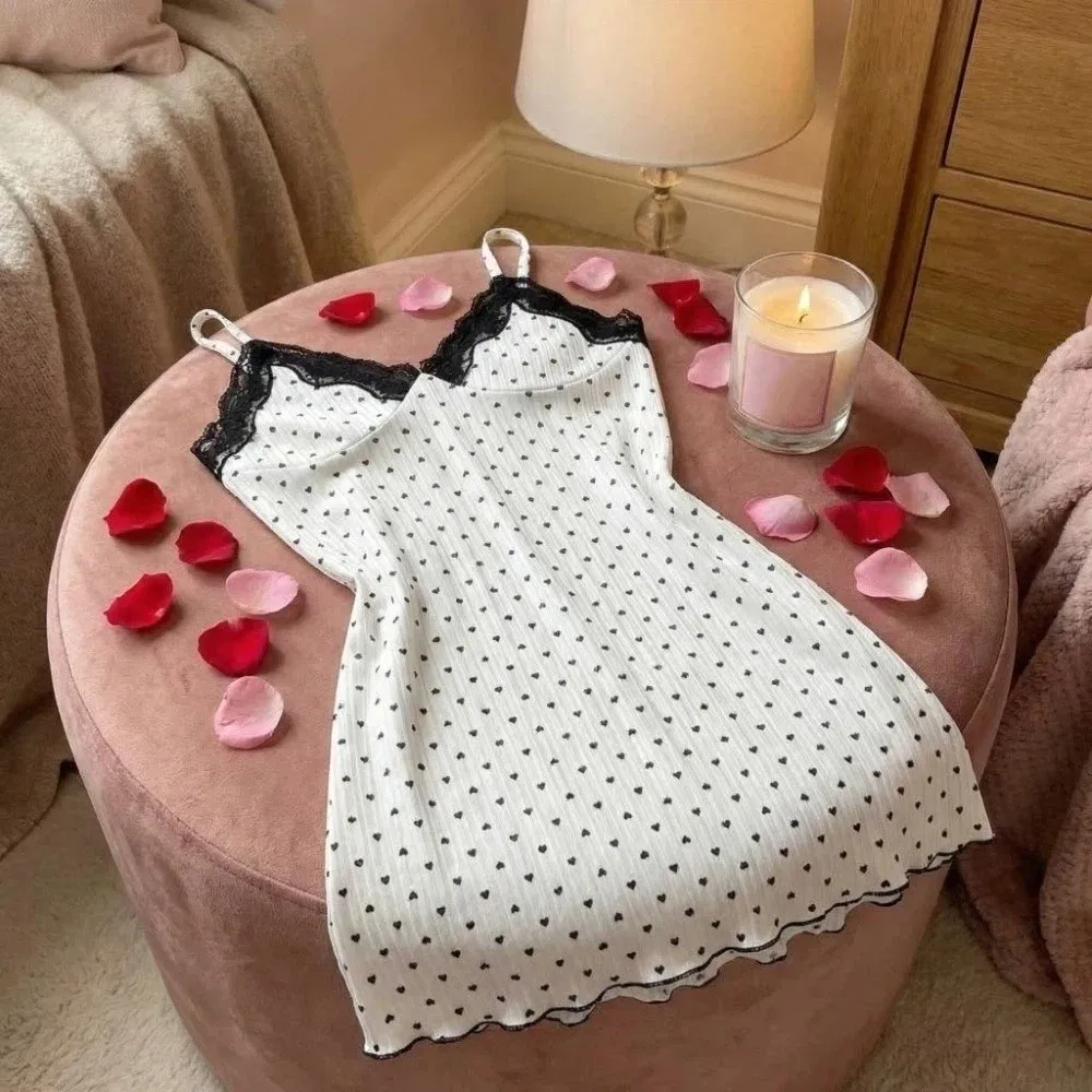 

Love Heart Print Women Heart Pajama Dress Slim Fit V Neck Suspender Lace Trim Camisole Nightdress Sleepwear Soft