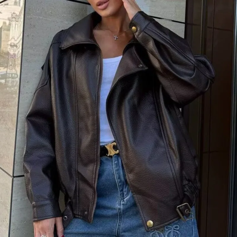 

European And American Style Women With Belt Faux Leather Jacket Front Zipper Long Sleeve Autumn Winter Loose Coat