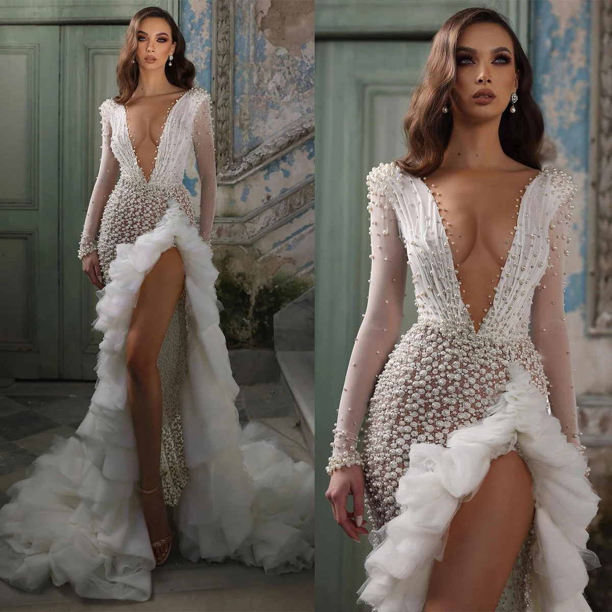 Luxury Pearls Mermaid Wedding Dresses Full Beading Sheer V Neck Long Sleeve Bride Dress With Tiered Skirts Bridal Gowns