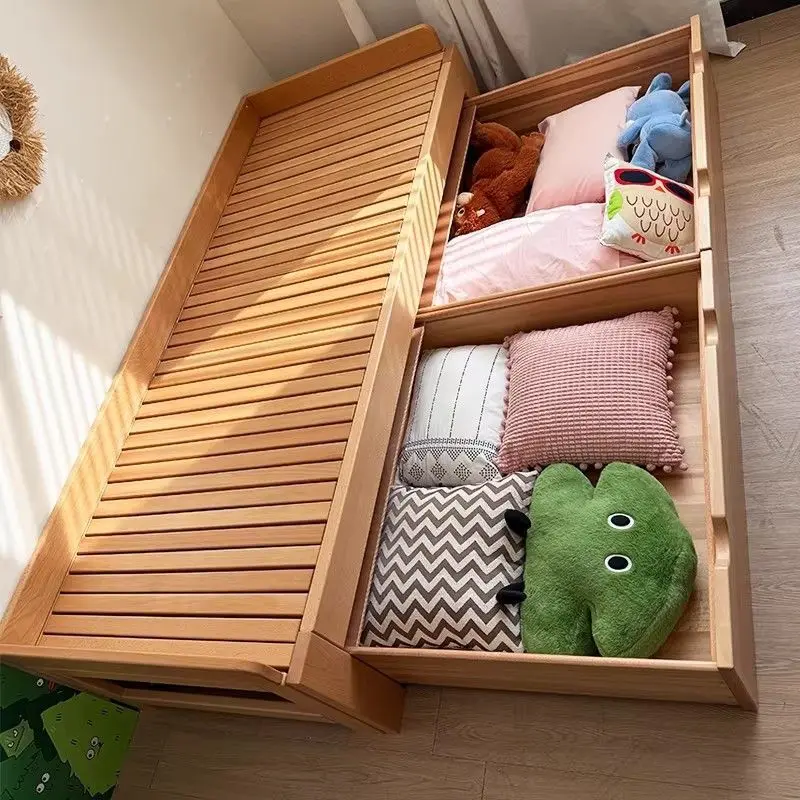 Retractable bed frame furniture beech all solid wood children's pull-out folding floor telescopic dual-purpose sofa