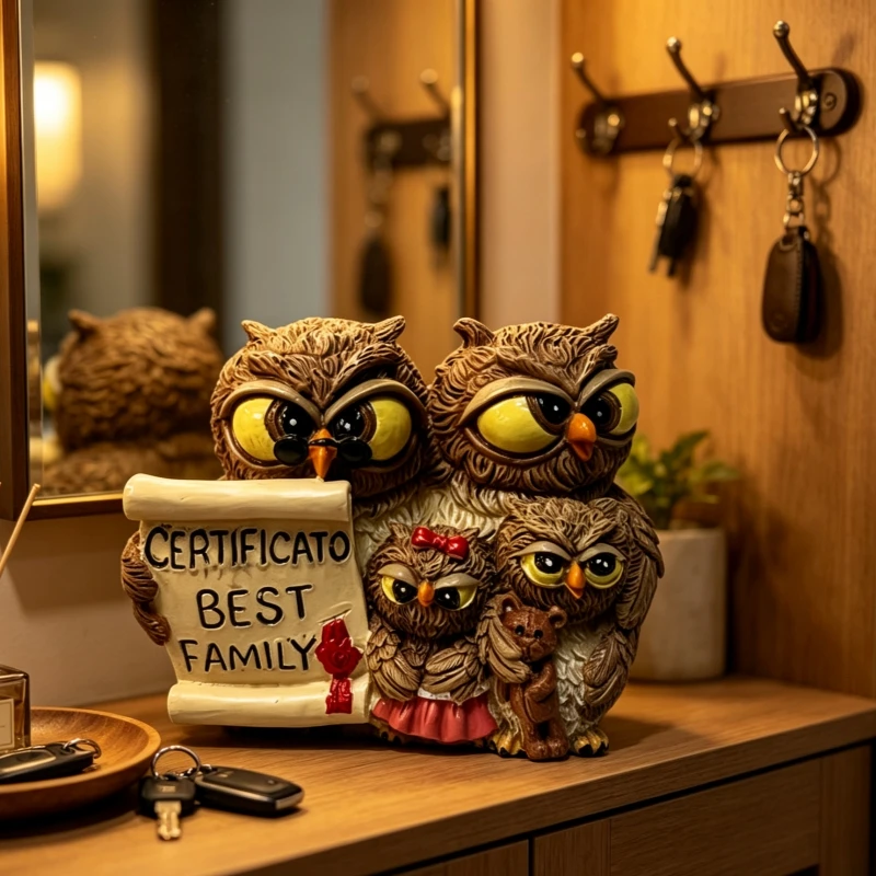 Owl Family Resin Decorative Statue, Brown Handmade Figurine with 