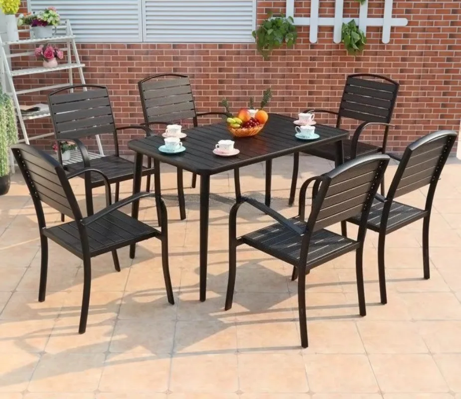Outdoor Metal Garden Dining Stacked Chair and Table Set Wood Bistro Patio Furniture for Restaurant Coffee Park Wholesale