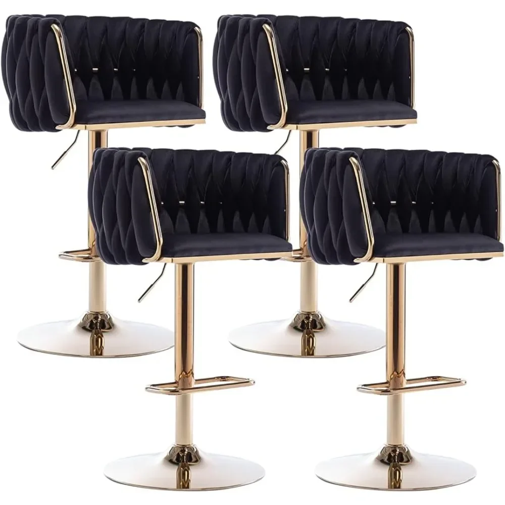 Ensemble de 4 tabourets de bar ajustables, chaise de bar avec dossier tissé et repose-pieds, de luxe, doré, noir