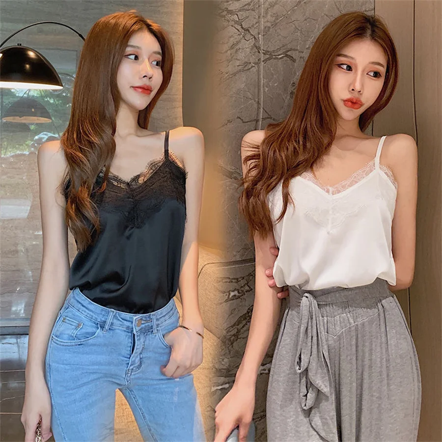 Summer Women Lace Tops Camis Spaghetti Strap Tank Top White Black color slim Basic Top DF4901