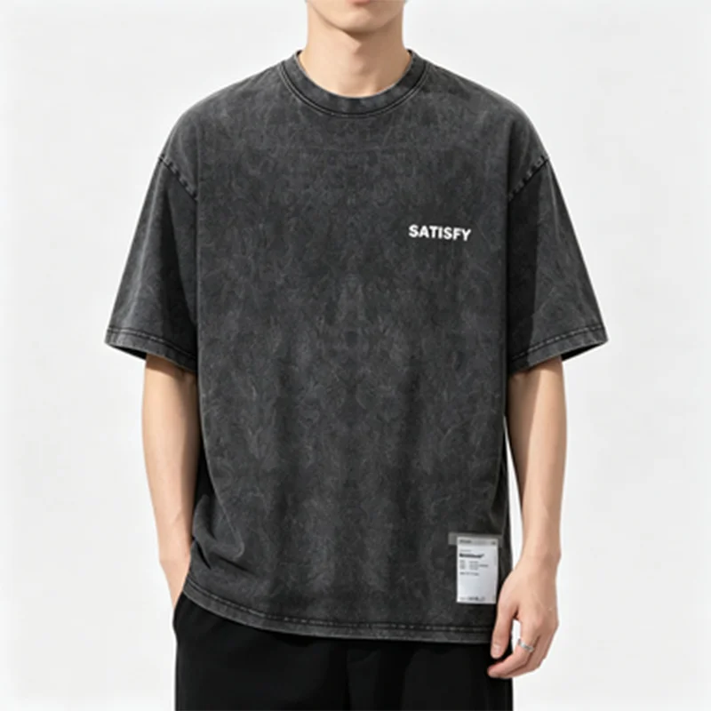 best seller Trendy SATISFY Running  Muscle round Neck Distressed Pure Cotton Printed Short Sleeve T-shirt Casual Loose Fit Youth