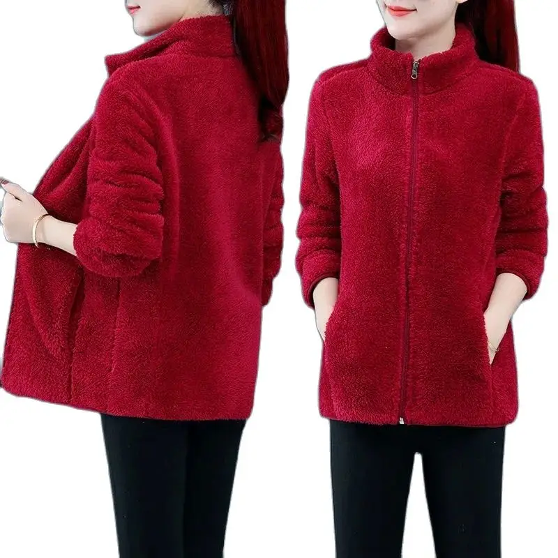 Double-Sided Polar Fleece Coat Women\'s Short Jacket  Autumn Winter Thickened Hairy Warm Outerwear Tops Hoodie Female 4XL