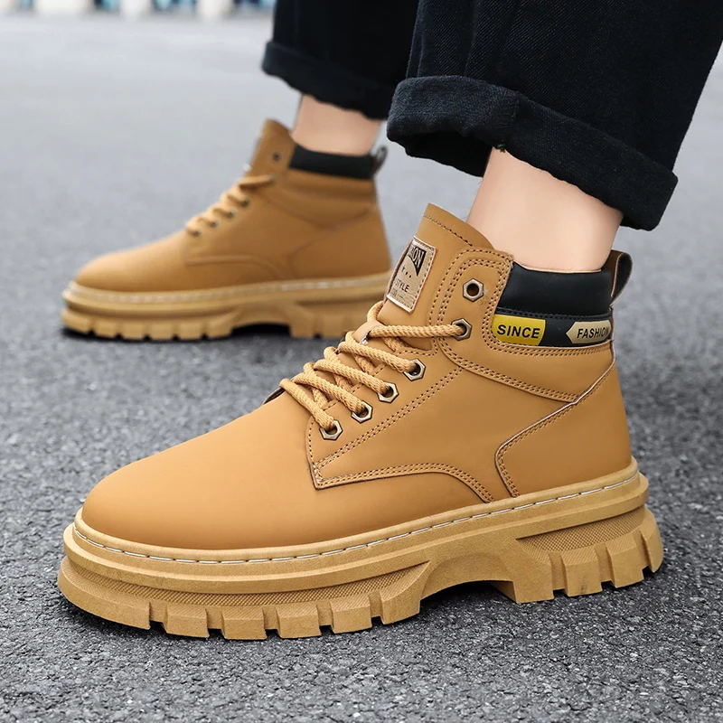 Fashion Leather Men Boots Winter High Top Casual Shoes Outdoor Man Ankle Boots Classic Handmade Boots Platform Motorcycle Shoes