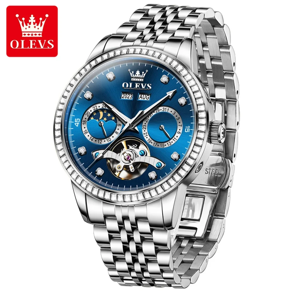 ساعات OLEVS للرجال من أفضل العلامات التجارية الفاخرة توربيون ساعة ميكانيكية للرجال من الفولاذ المقاوم للصدأ مقاومة للماء ساعة مرحلة القمر الماسية #5