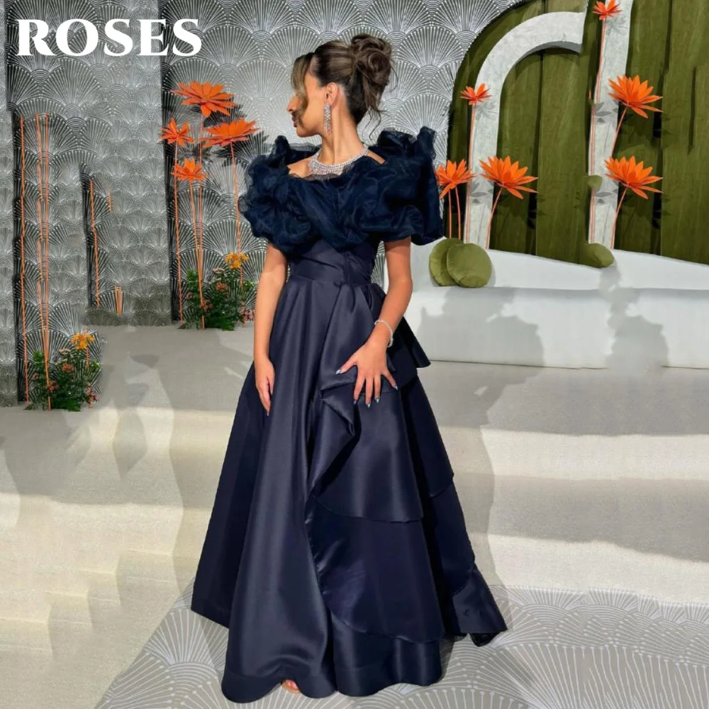 

ROSES Dark Blue Evening Dress Elegant Off The Shoulder Robe De Soirée with Voluminous Skirt Formal Occasion Dresses Customized