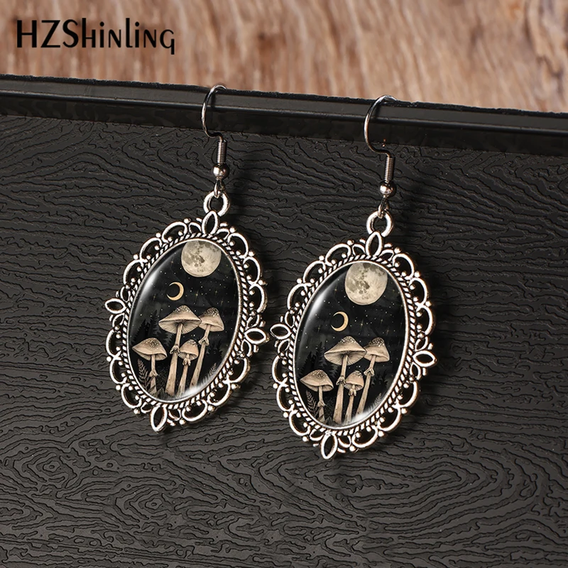 2024 New Moon Mushroom Vintage Dangle Earring Fish Hook Earrings Oval Glass Dome Jewelry Gift Girls
