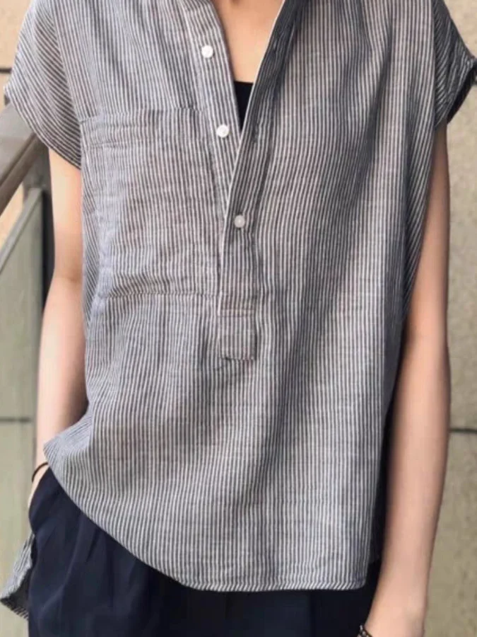 

Retro Striped Linen Svel irt Women Summer Loose Slimming Casual Stand Collar Thin Cotton Linen Small Top Upper Apparel
