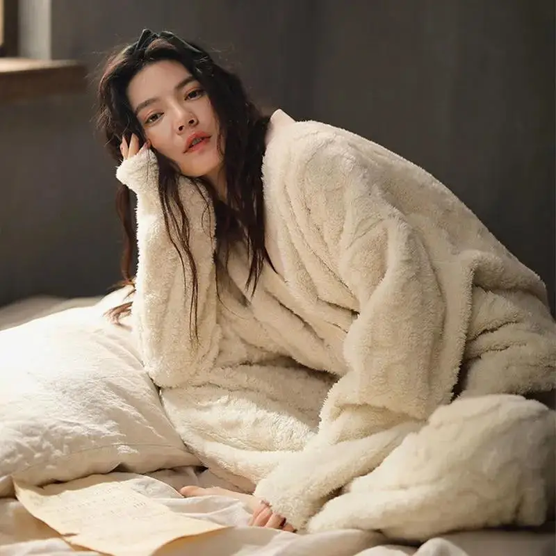 Women Pajama Sets Chic Solid Single Breasted Ulzzang Comfortable Homewear Females Thick Warm Soft Flannel Simple Leisure V-neck