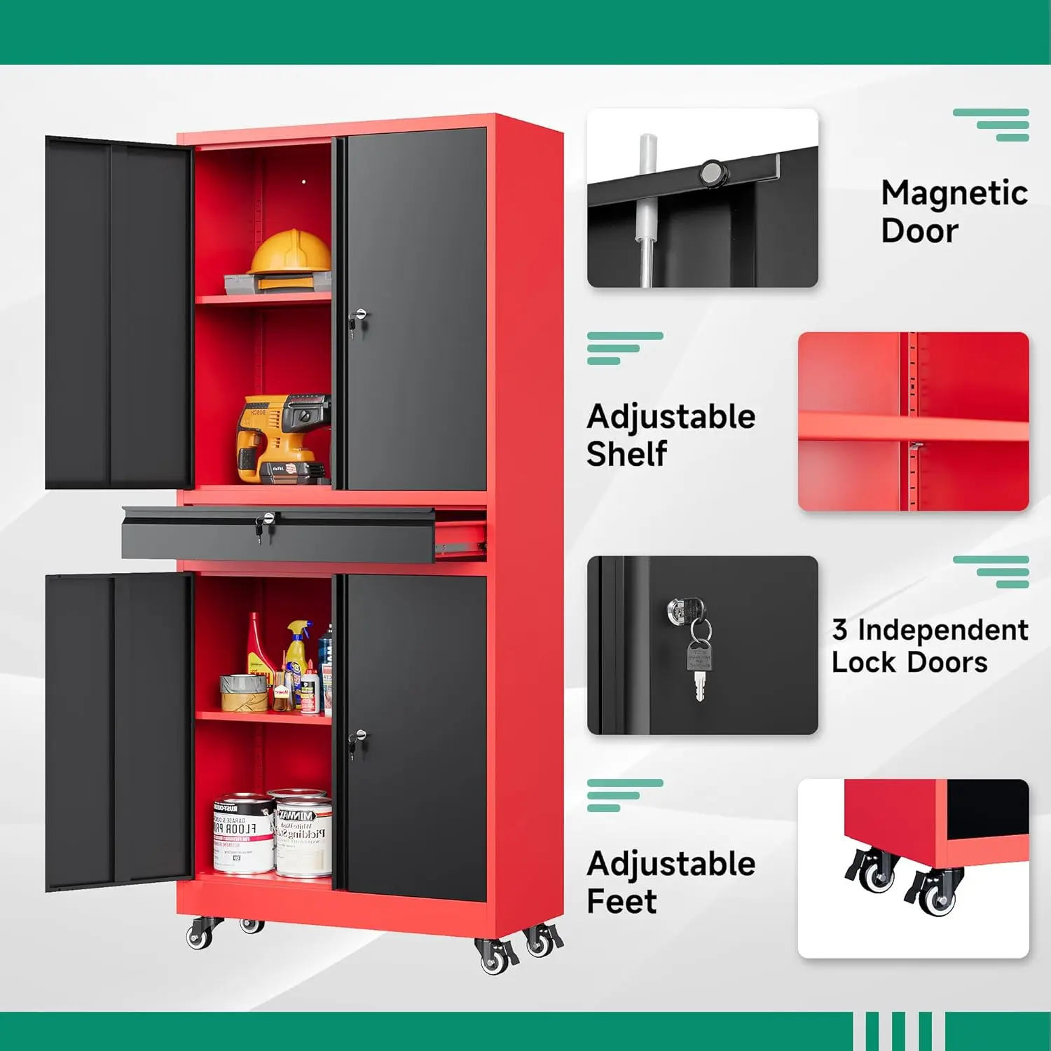 

Metal Garage Storage Cabinet with Wheels,Rolling Tool Cabinet with Adjustable Shelves and Drawer for Garage Home Utility Room