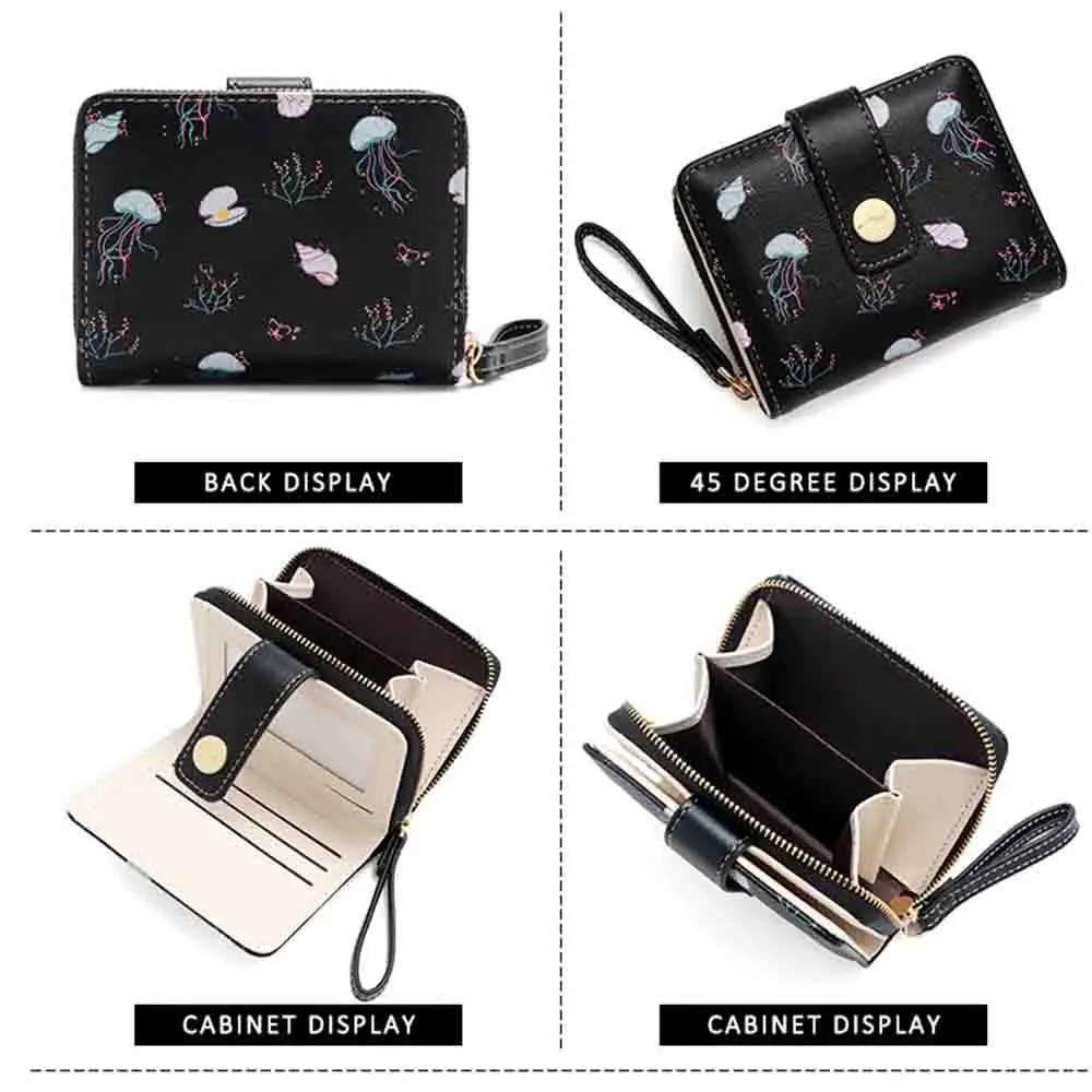 

New Jellyfish Printed Women's Wallet Short Student Card Bag Buckle Zipper Girls Coin Purse Multi-slot Card Holder Money Pouch