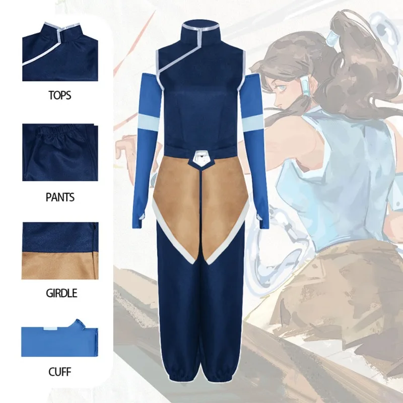 Anime Korra Cosplay Kostüm Südliche Wasserstamm Uniform Oberteil Hose Gürtel Anzug Damen Comic Con Halloween Party Rollenspiel Outfits