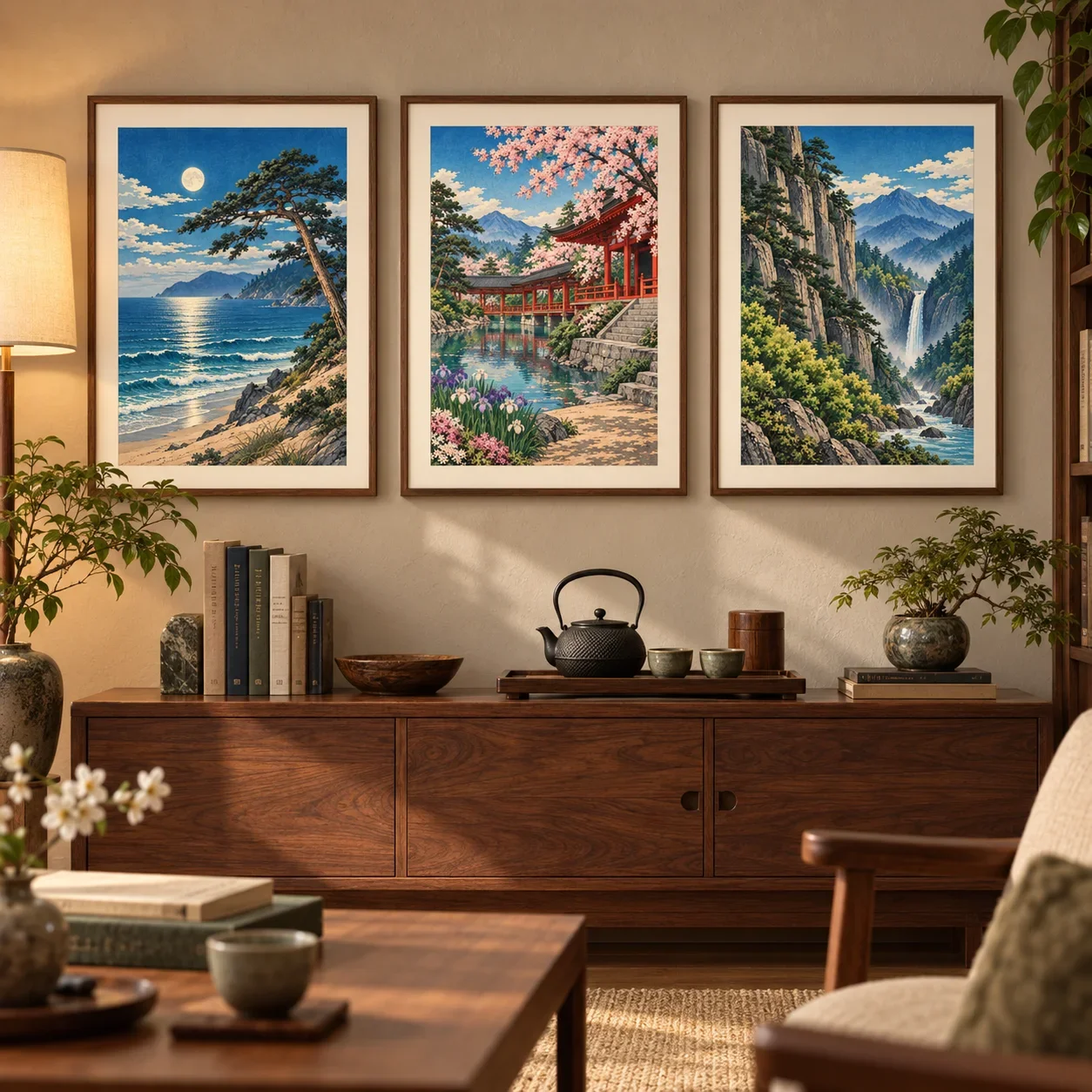 1PC Large-sized frameless canvas paintings,Hasui Kawase Style Tree-Lined Road Canvas Print Asian Landscape Wall Art Sunrise Suns