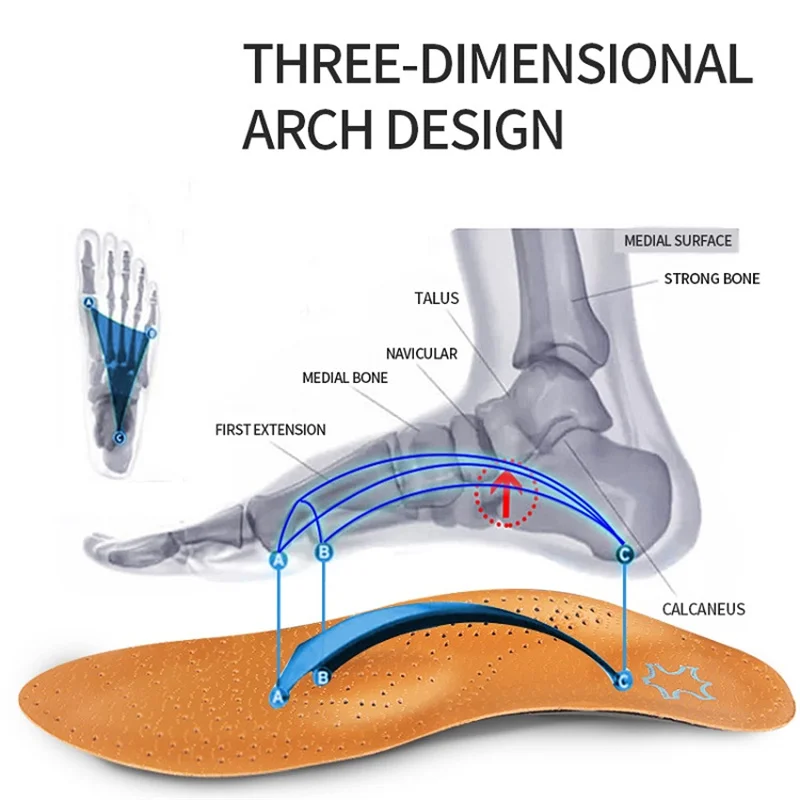 Leather Orthotic Insole For Flat Feet Arch Support Orthopedic PU Leather Insole For Men Women O/X Leg Corrected Insoles
