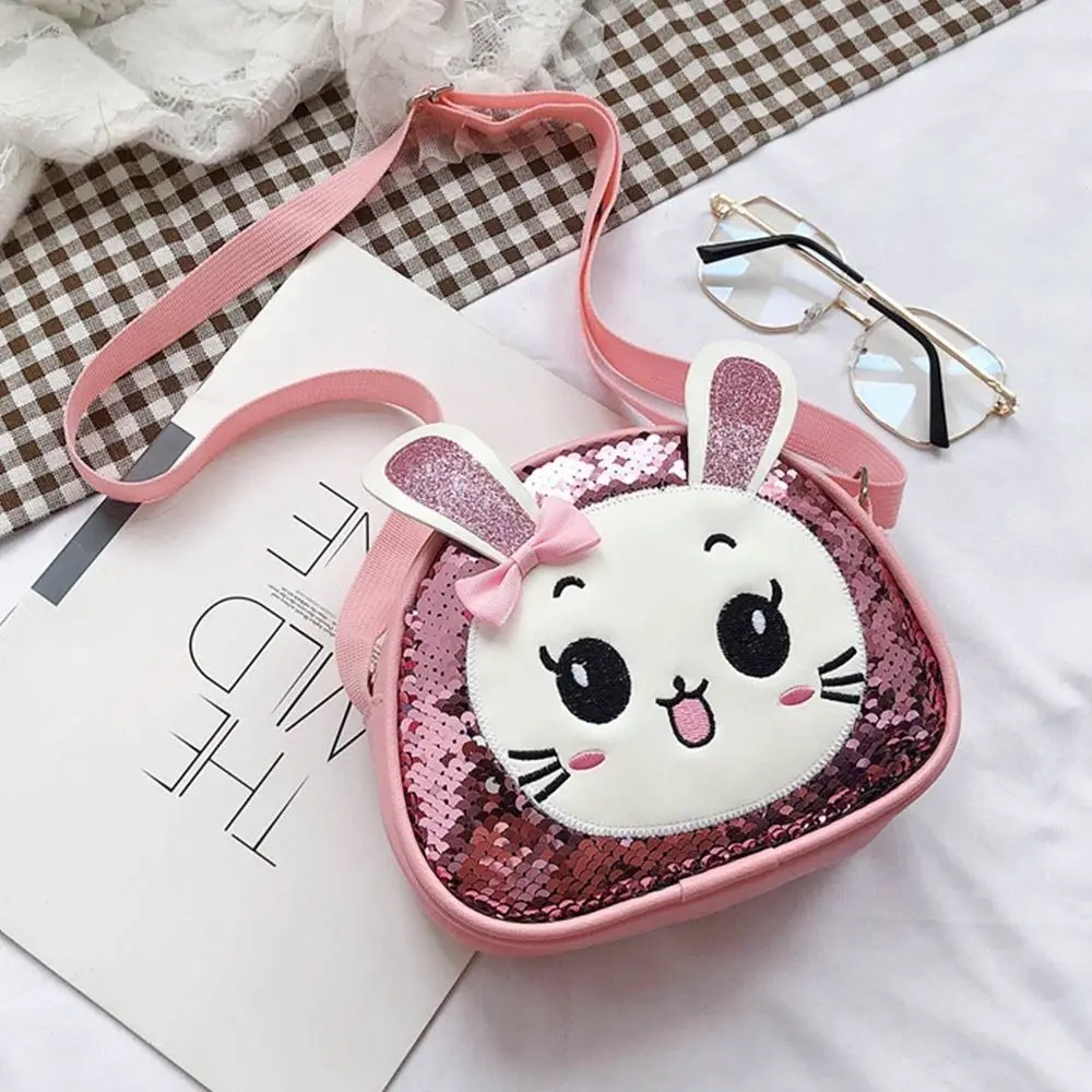 New Cartoon Cute Sequins Bunny Pu Leather Shoulder Bag Sweet Little Princess Shoulder Coin Purse Crossbody Bag