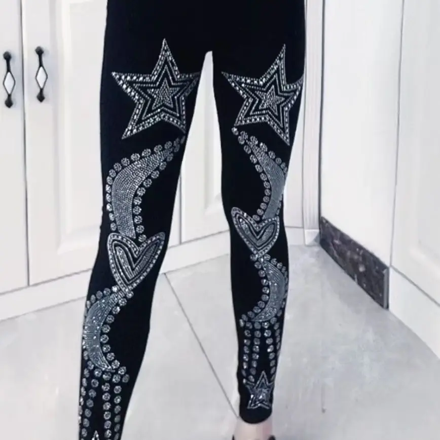 Autumn Spring Women Black Silver Sequin Leggings Plus Size High Waist Black Skinny Trousers Pants