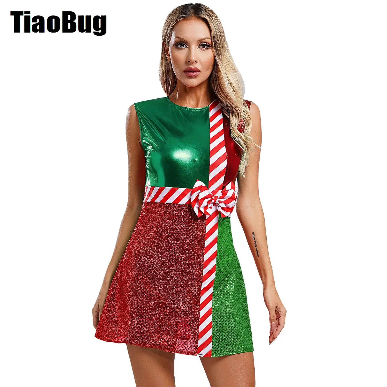 Womens Sequins Christmas Bowknot Dress Metallic Shiny Dress with Safe Briefs Round Neck Sleeveless Contrast Dance Dress