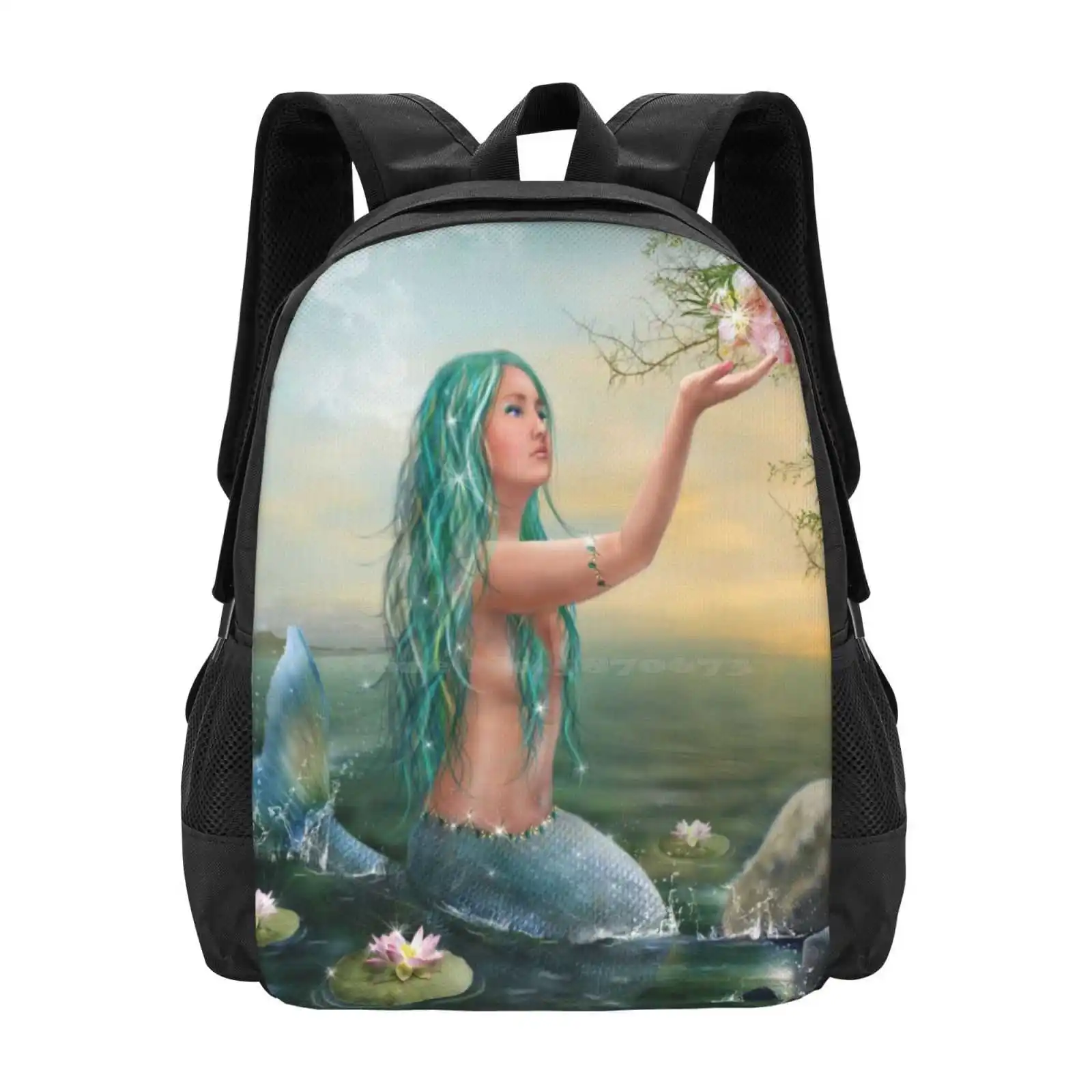 Marine Mermaid School Bag Big Capacity Backpack Laptop Aqua Marine Beautiful Fantasy Hibiscus Lotus Marine Mermaid Teal Water