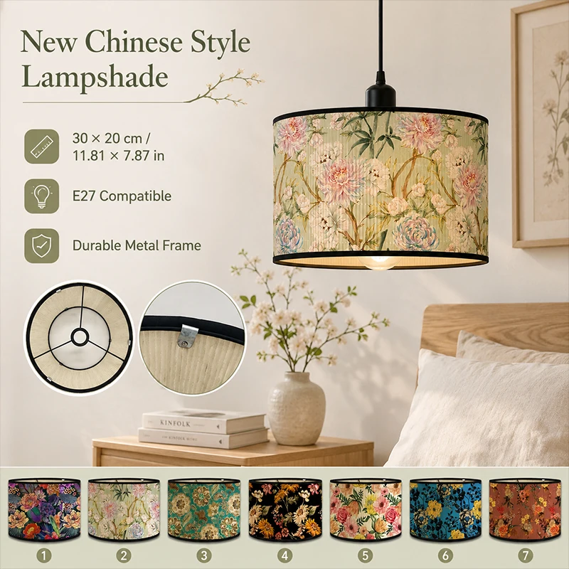 Vintage Floral Lamp Shade E27 Drum Lampshade Replacement Fabric Lamp Cover for Table Lamp Pendant Light Home Decor