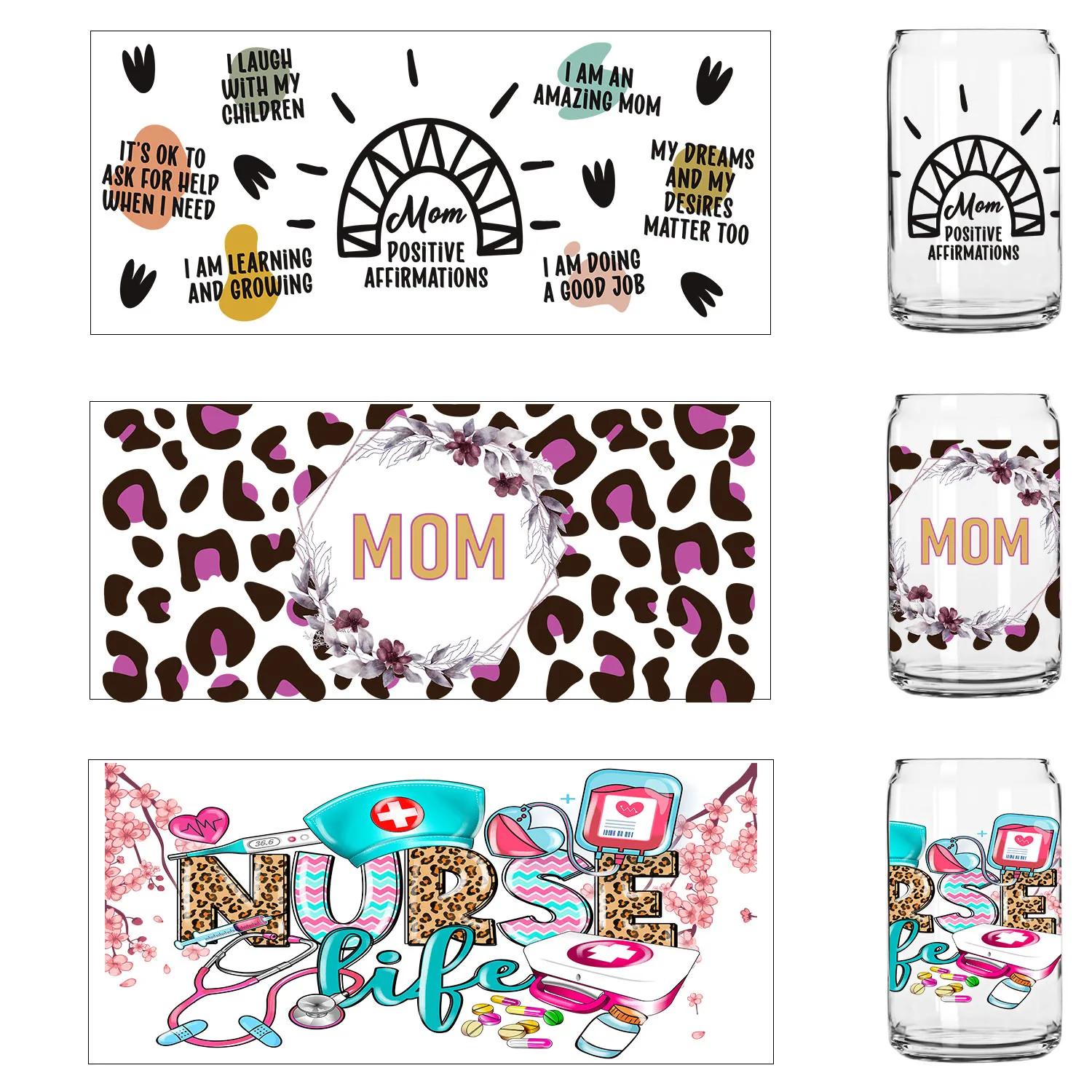Trendy Best Mom and Nurse Style Party DIY decoration decals 3D transfers uvdtf crystal sticker 16oz uv dtf cup wraps sticker