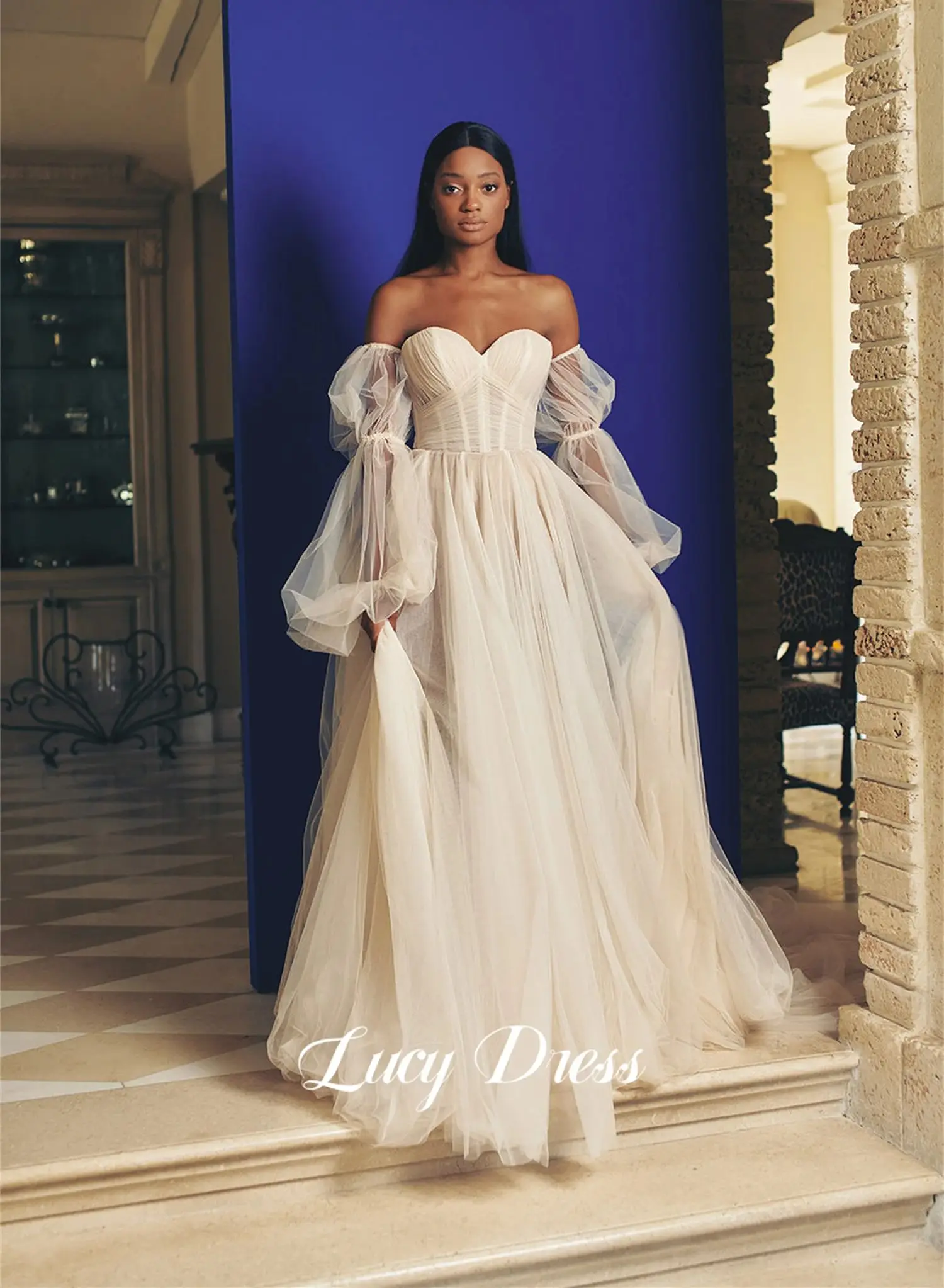 Vestido de novia Lucy con mangas abullonadas, vestidos de noche lujosos blancos para mujer, vestido de novia para bodas, novia de lujo personalizado