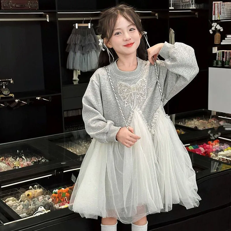 

Fashion Girls Dress Spring Autumn Hoodies Kids Loose Dress Children Long Sleeve Tulle Lace Dresses for Girl Teenager Clothes New