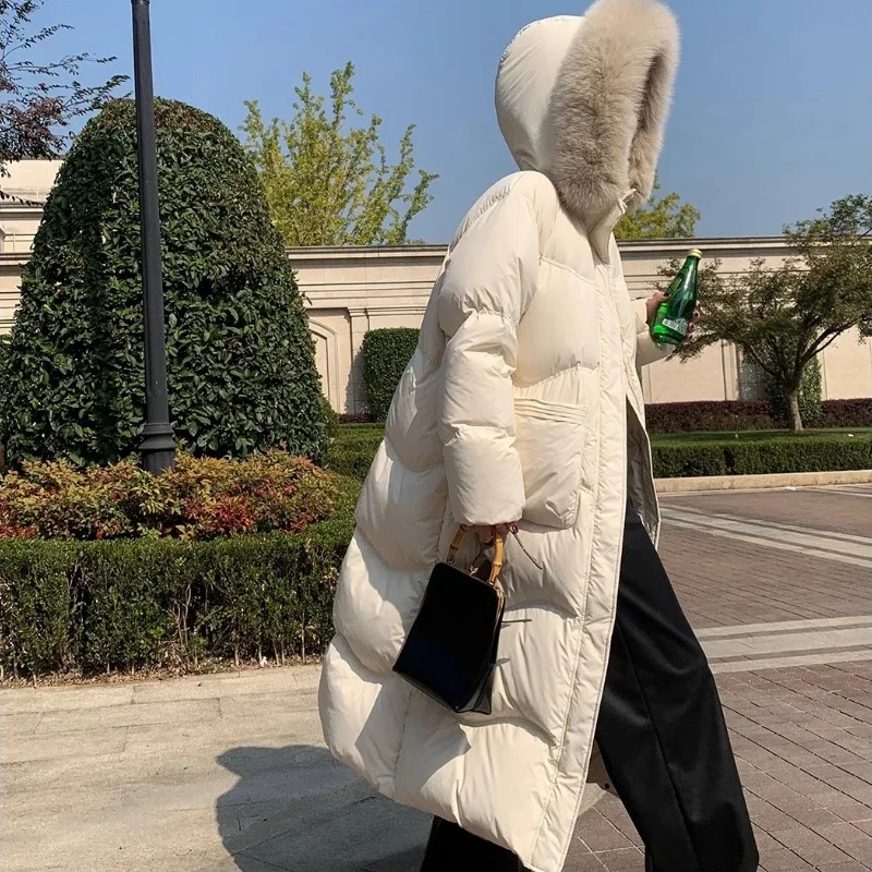 Nieuwe Winter Lange Donsjack Vrouwen Losse Slanke Witte Eendendons Verdikte Warme Jas Met Capuchon Grote Vos Bontkraag Puffer Jas