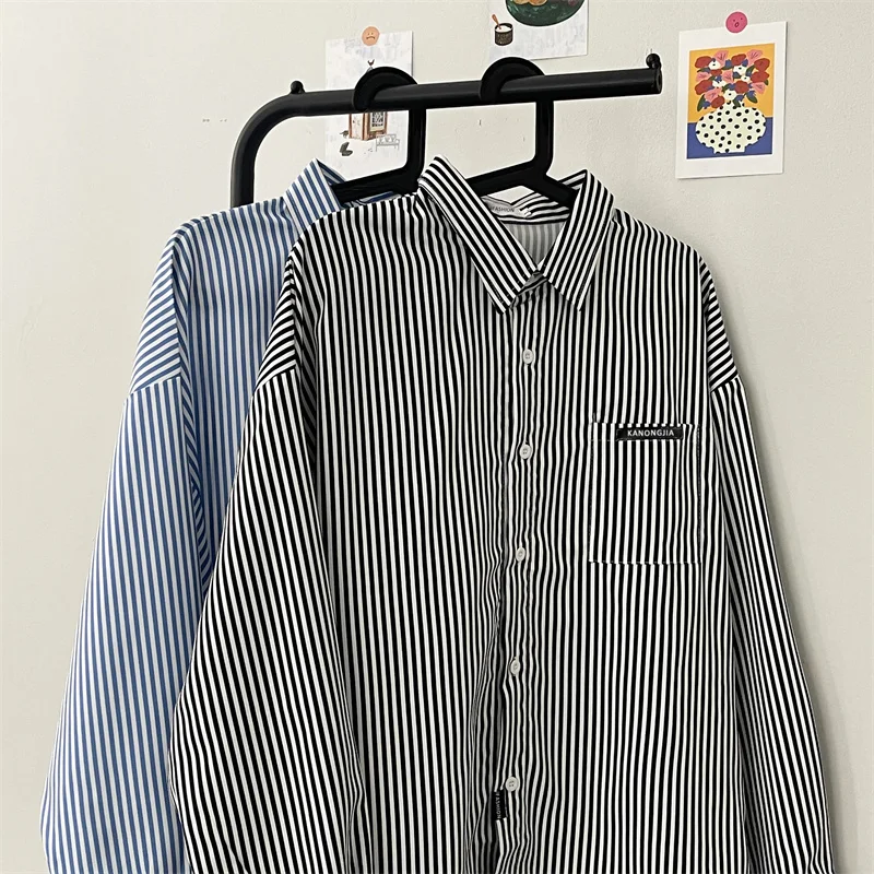 Summer Thin Long Sleeve Striped Casual Shirt Men's Style Spring Autumn Outerwear Couple's Shirt Youth Popular Loose Fit