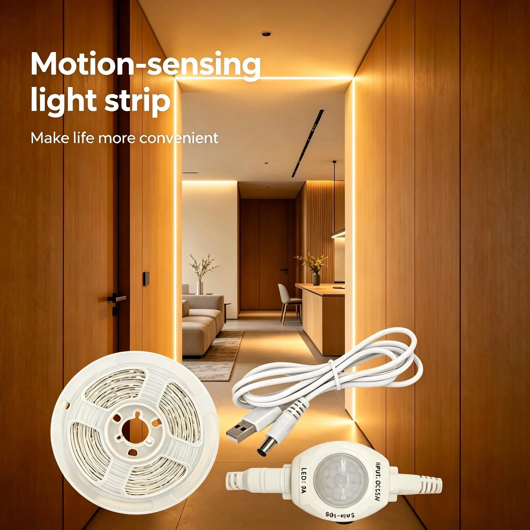 Motion-sensing LED light strip, USB powered, warm/white light, 5V. Ideal for stairs, closets, kitchens, bedrooms, and hallways.