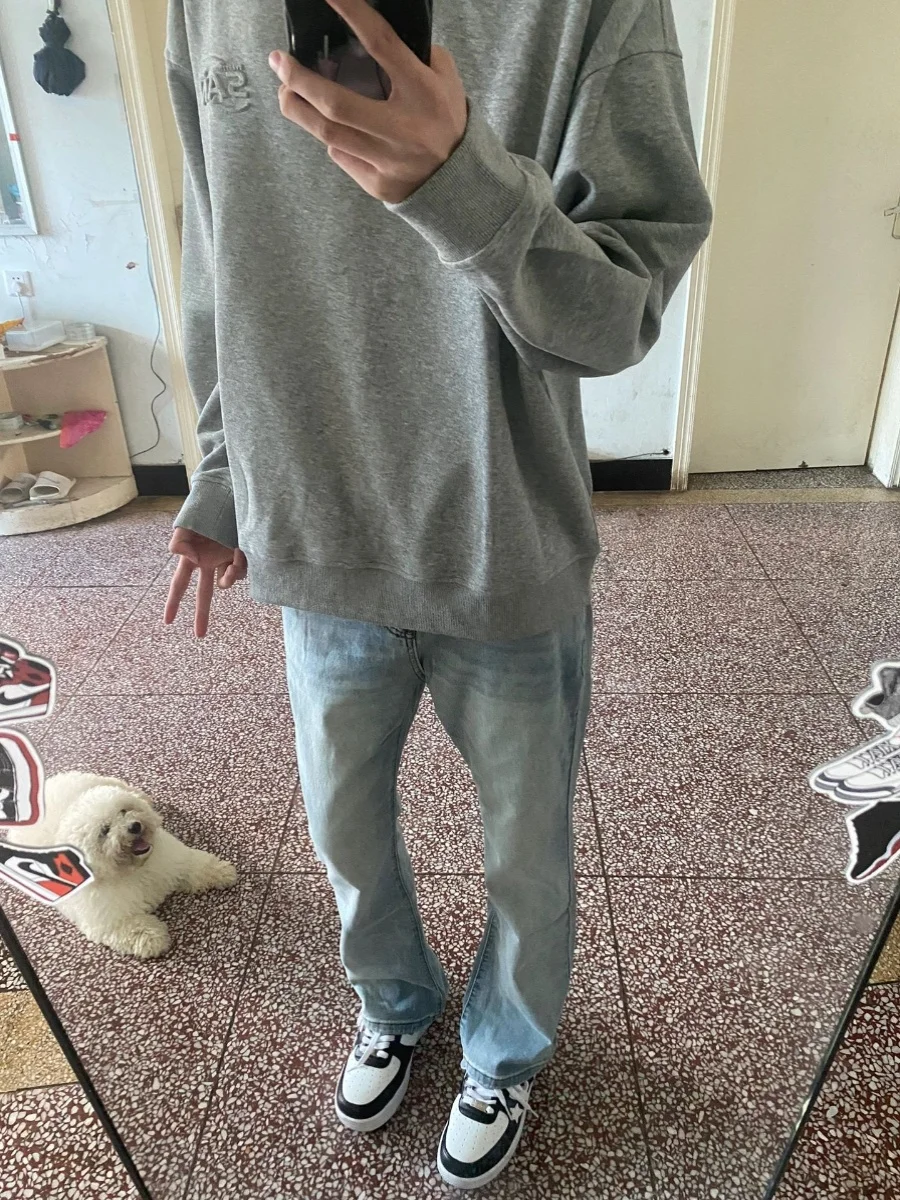 

Slimming Light Blue Waed Straight Leg Jeans Men Women Sle Vintage American High Street Casual Long Trousers