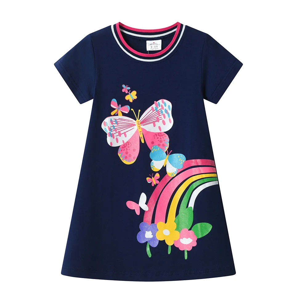 VIKITA Girls Rainbow Flower Butterfly Print Cotton Dress Kids Navy Blue Short Sleeve Summer Straight Cotton Casual Daily Outfit
