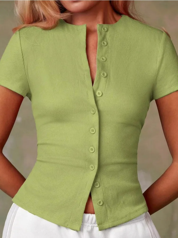 2026 Short Sleeve Ribbed Knit Top Button Down V Neck Slim Fit T-Shirt Casual Solid Color Basic Tee Elegant Office Lady Blouse