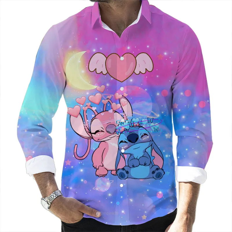 Lilo and Stitch Cartoon 2024 Spring Harajuku New Fashion Casual 3D Printed Long Sleeve Lapel Shirt Slim Men's Top