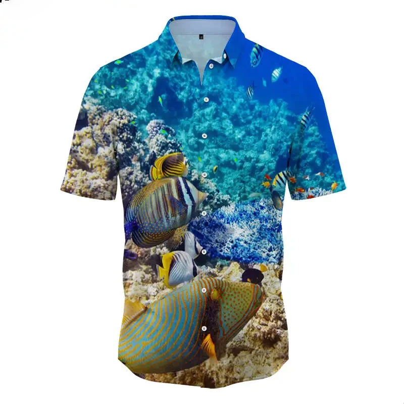 New Button Men's Shirt Ocean Underwater World Pattern Hawaiian Shirt 3D Printing Summer Short Sleeve For Men Camisas Ropa Hombre