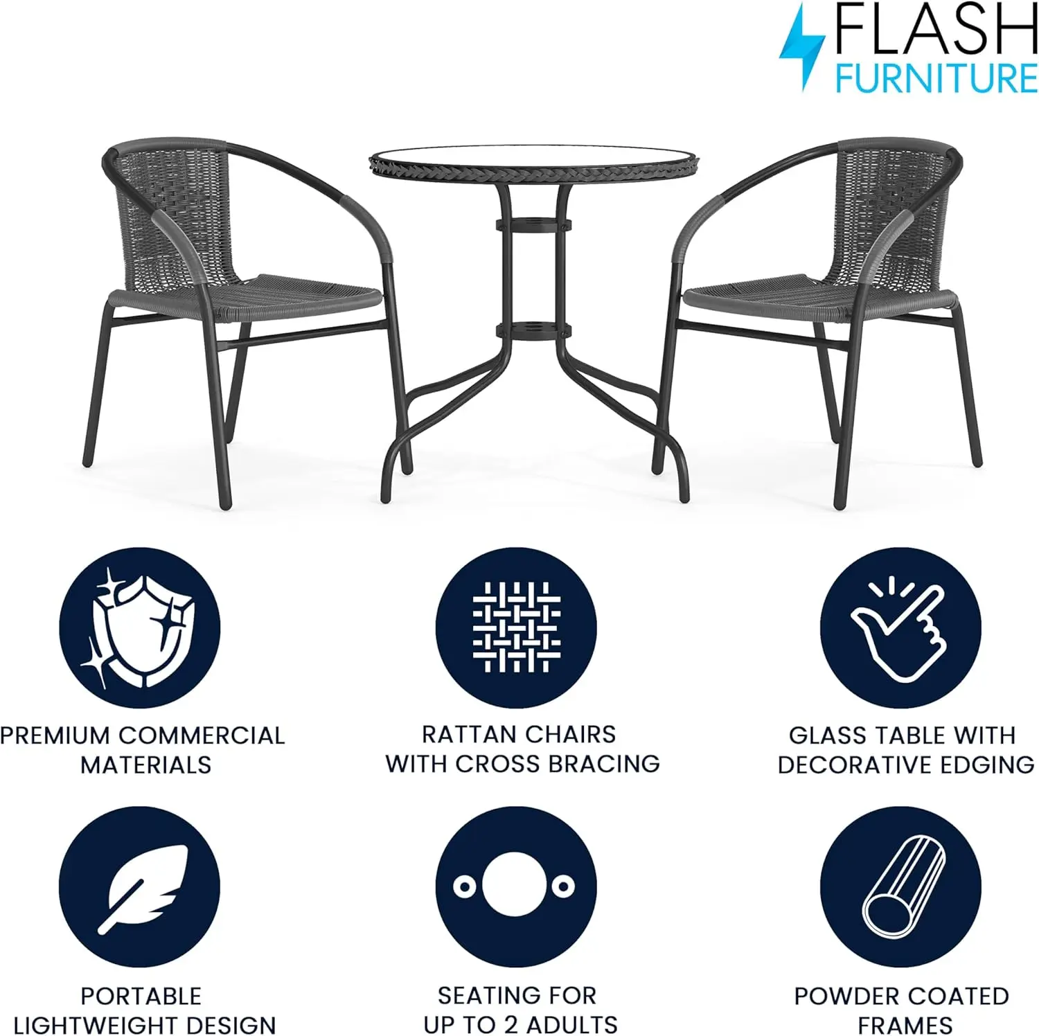 Indoor/Outdoor Bistro, Round Glass Metal Table & Stackable Rattan Chairs, Gray, 3-Piece Set
