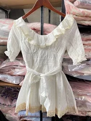 Japan Liz Lisa Summer Cotton Lace hollow Embroidery Waist Belt Shirt Style Blouse Mini Dresses